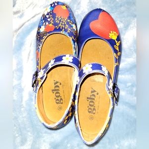 🌷 Goby Blue Poppy Print Handpainted Vegan Shoes Maryjanes Size 38 Worn Once